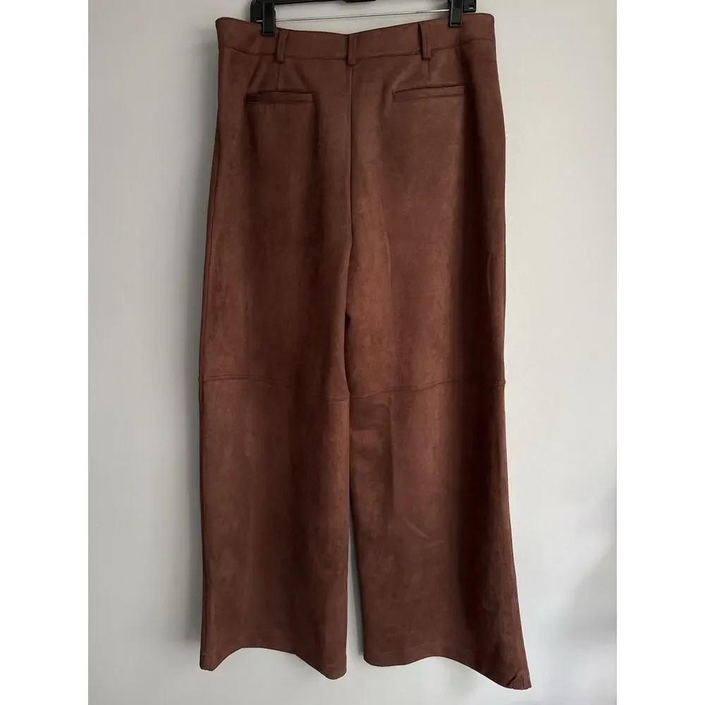 NY&C Faux Suede Wide Leg Pants Brown High Rise Palazzo Women Large NWT